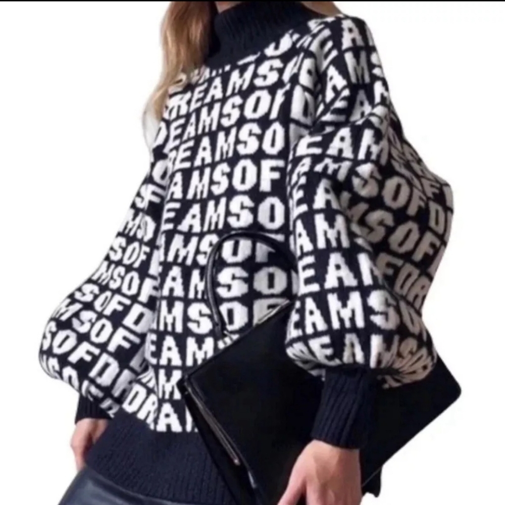 H&M Dream Of Dreams Sweater Women Small Black White Oversized Mock Neck Preppy